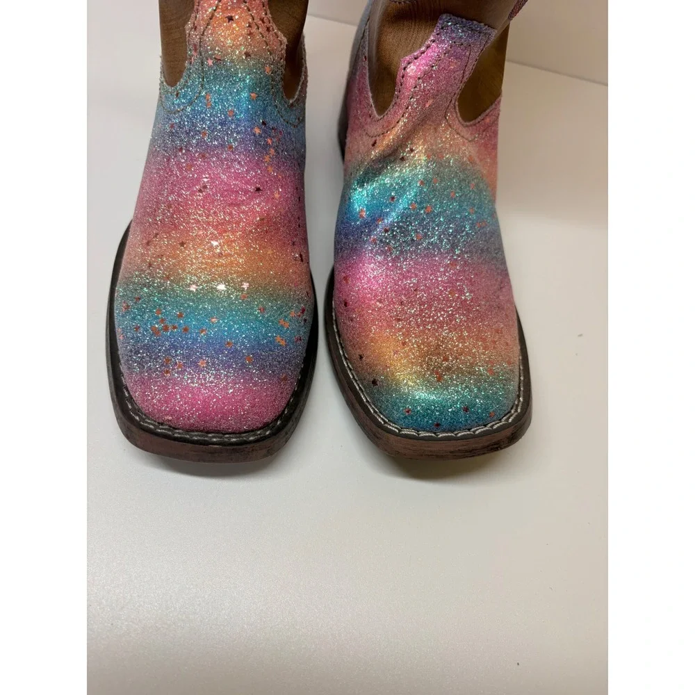 Roper Girls Size 3 Rainbow Glitter Tan Cowboy Boots Square Toe